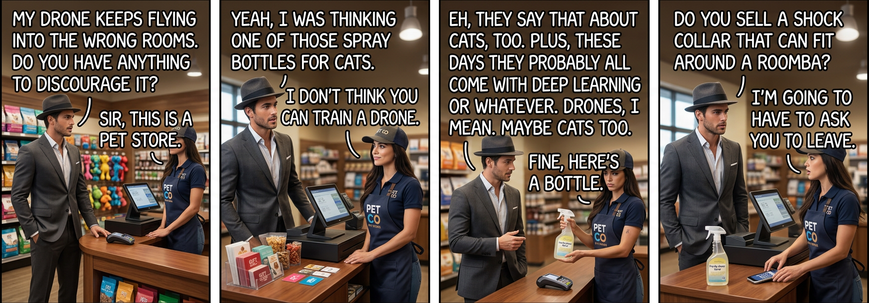 The joke will be on him in a few weeks when animal control shows up and takes custody of his Roomba.