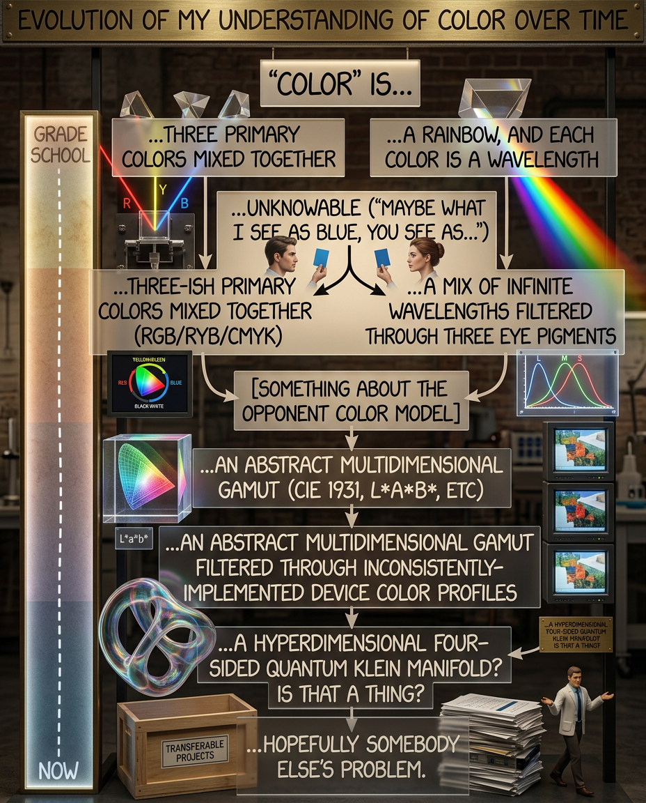 What if what *I* see as blue, *you* see as a slightly different blue because you're using Chrome instead of Firefox and despite a decade of messing with profiles we STILL can't get this right somehow.