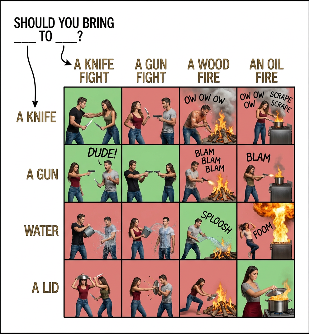 I always figured you should never bring a gun to a gun fight because then you'll be part of a gun fight.