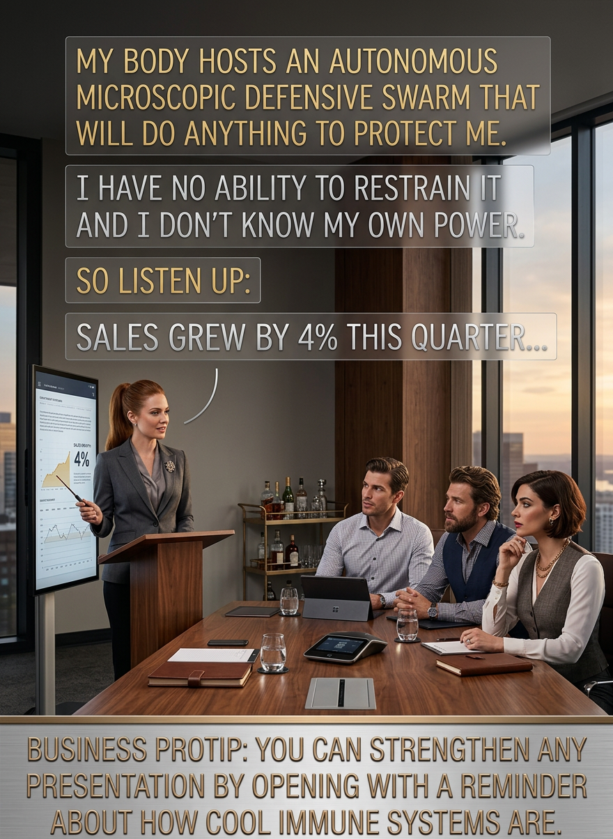 It also helps with negotiation. "Look, if it were up to me, *I'd* accept your offer, but my swarm of autonomous killer cells literally can't be reasoned with. It's out of my hands!"