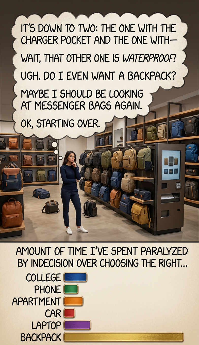 "This one is perfect in every way, except that for some reason it's woven from a tungsten mesh, so it weighs 85 pounds and I'll need to carry it around on a hand cart." "That seems like a bad--" "BUT IT HAS THE PERFECT POCKET ARRANGEMENT!"