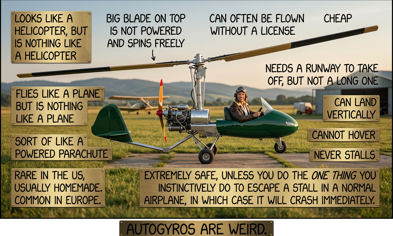 I understand modern autogyros are much more stable, so I've probably angered the autogyro people by impugning their safety. Once they finish building the autogyros they've been working on in their garages for 10 years, they'll come after me.