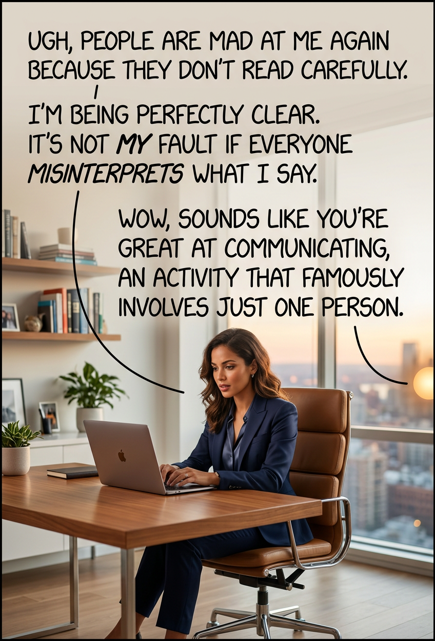 "But there are seven billion people in the world! I can't possibly stop to consider how ALL of them might interpret something!" "Ah, yes, there's no middle ground between 'taking personal responsibility for the thoughts and feelings of every single person on Earth' and 'covering your eyes and ears and yelling logically correct statements into the void.' That's a very insightful point and not at all inane."