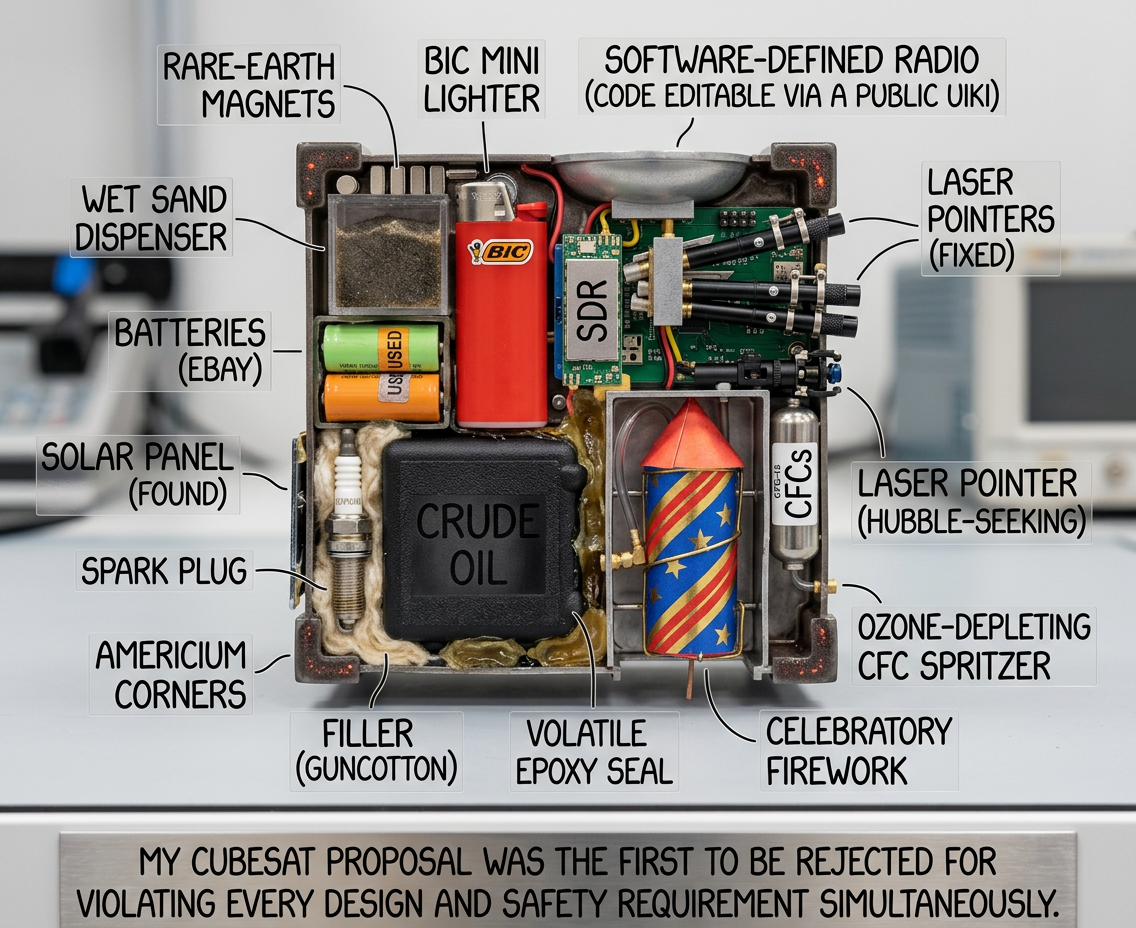 During launch, in the event of an unexpected sensor reading, SafetySat will extend prongs in all directions to secure itself and any other cubesats safely in the launch vehicle until the source of the problem can be determined.