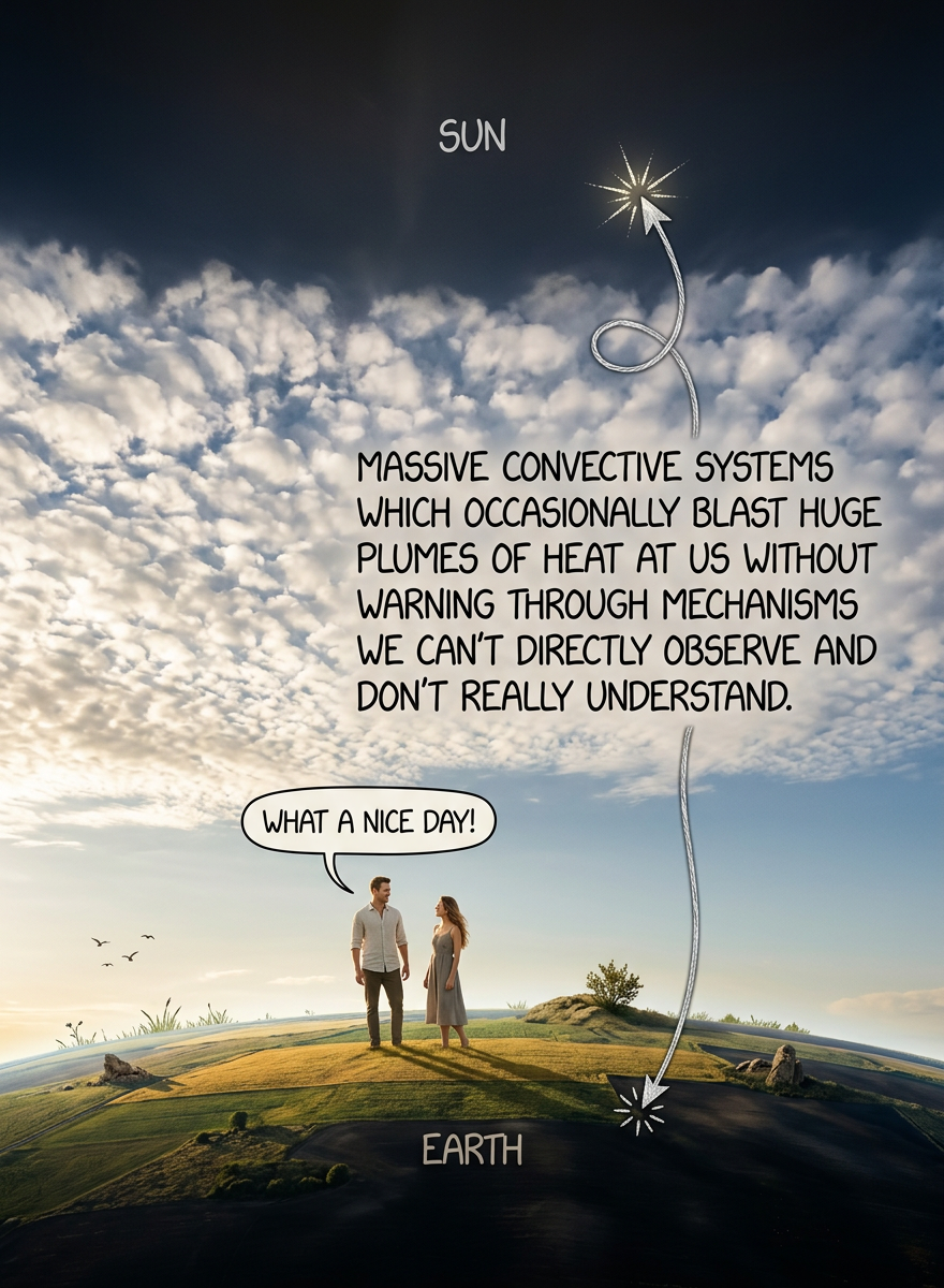 But we don't need to worry about the boiling masses sandwiching the thin layer in which we live, since we're so fragile and short-lived that it's unlikely to kill us before something else does! Wait, why doesn't that sound reassuring?