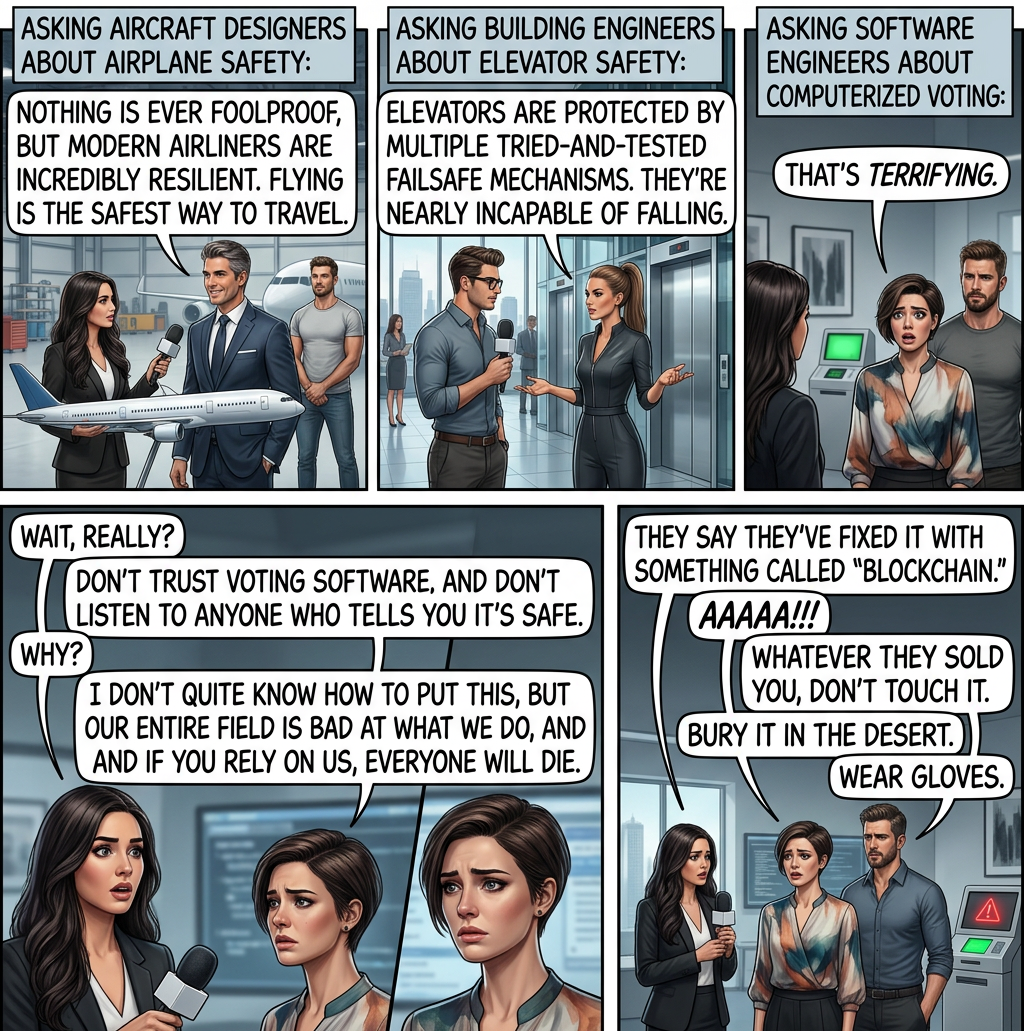 There are lots of very smart people doing fascinating work on cryptographic voting protocols. We should be funding and encouraging them, and doing all our elections with paper ballots until everyone currently working in that field has retired.