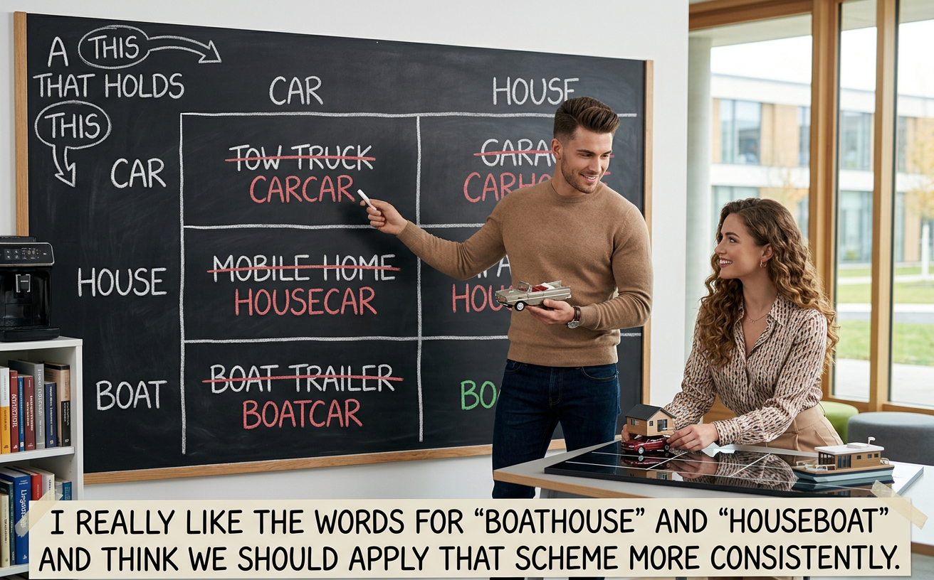 The <x> that is held by <y> is also a <y><x>, so if you go to a food truck, the stuff you buy is truck food. A phone that's in your car is a carphone, and a car equipped with a phone is a phonecar. When you play a mobile racing game, you're in your phonecar using your carphone to drive a different phonecar. I'm still not sure about bananaphones.