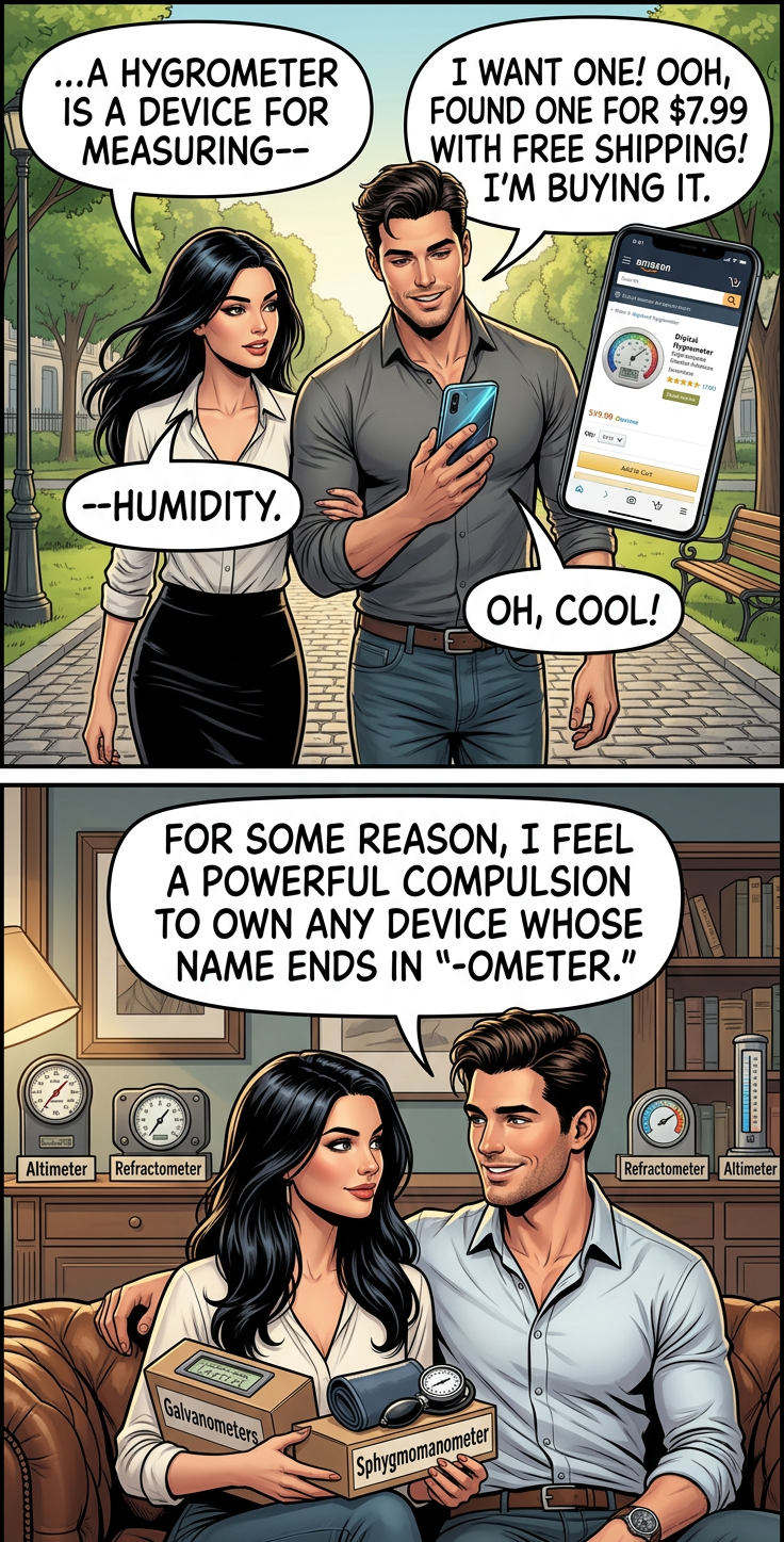 I'm working on assembling a combination declinometer, sclerometer, viscometer, aleurometer, stalagmometer, and hypsometer. I'm making good progress according to my ometerometer, a device which shows the rate at which I'm acquiring measurement devices.