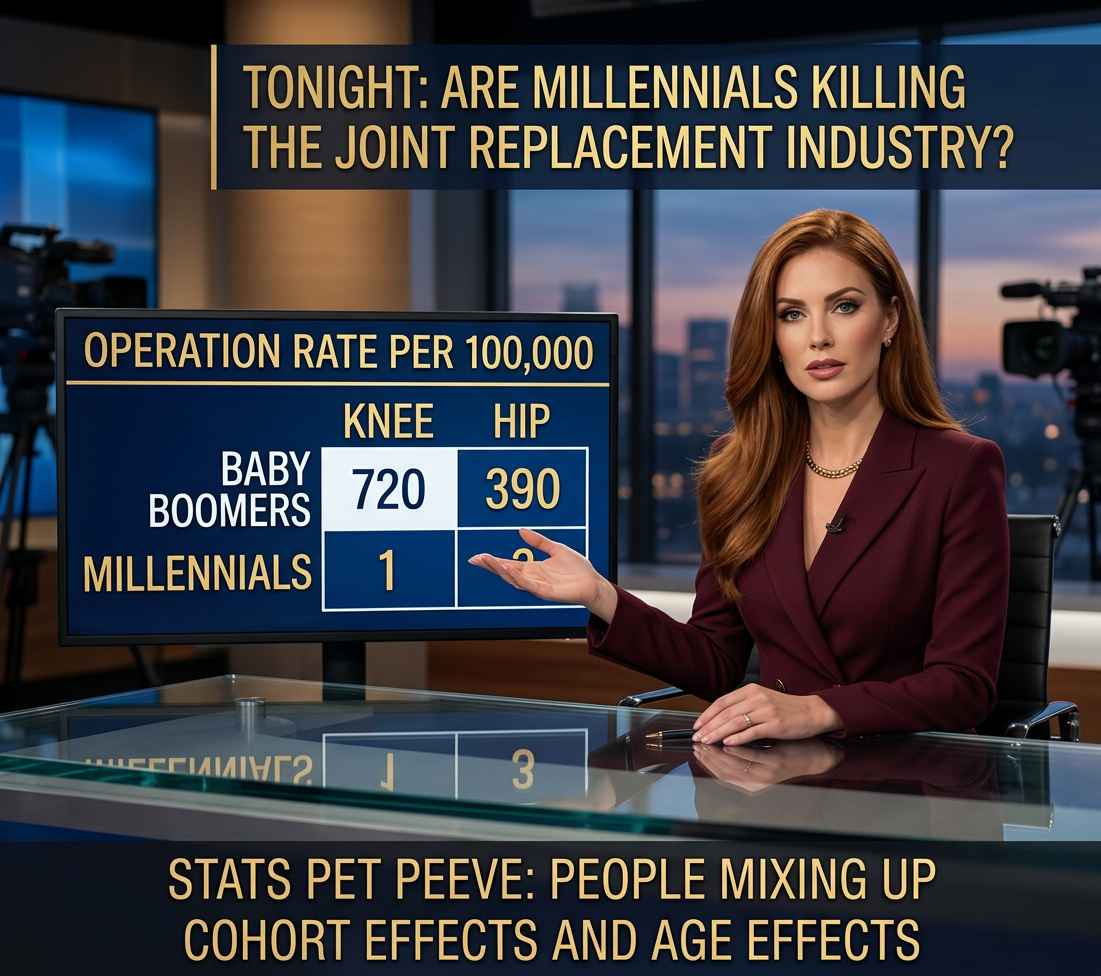 Younger people get very few joint replacements, yet they're also getting more than older people did at the same age. This means you can choose between 'Why are millennials getting so (many/few) joint replacements?' depending on which trend fits your current argument better.