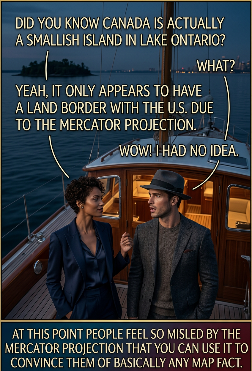 The other great lakes are just water on the far side of Canada Island. If you drive north from the Pacific northwest you actually cross directly into Alaska, although a few officials--confused by the Mercator distortion--have put up border signs.