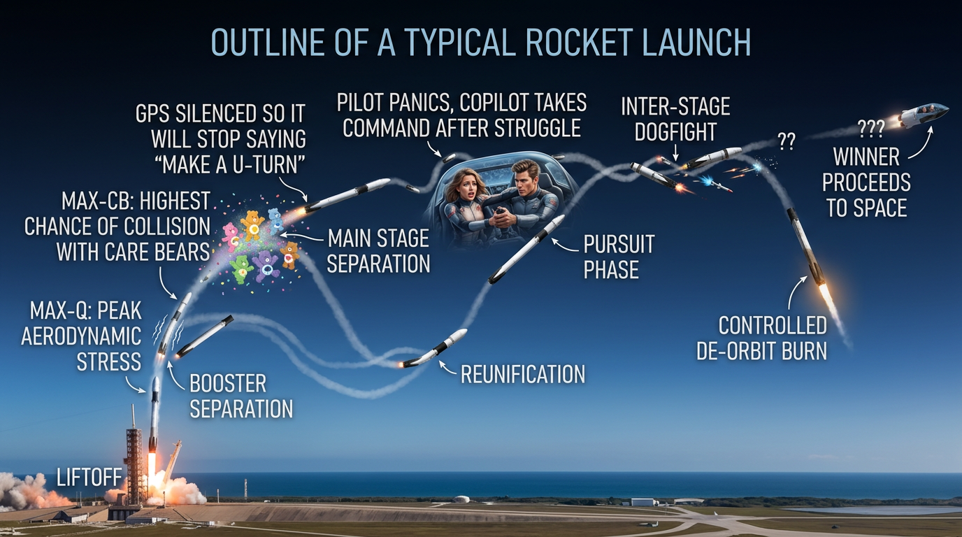 NASA tries to coordinate launch timing with the Care Bears' cloud castle, but unfortunately sometimes collisions with stray Care Bears are unavoidable, so they just try to make the fairings sturdy and hope for a glancing impact.