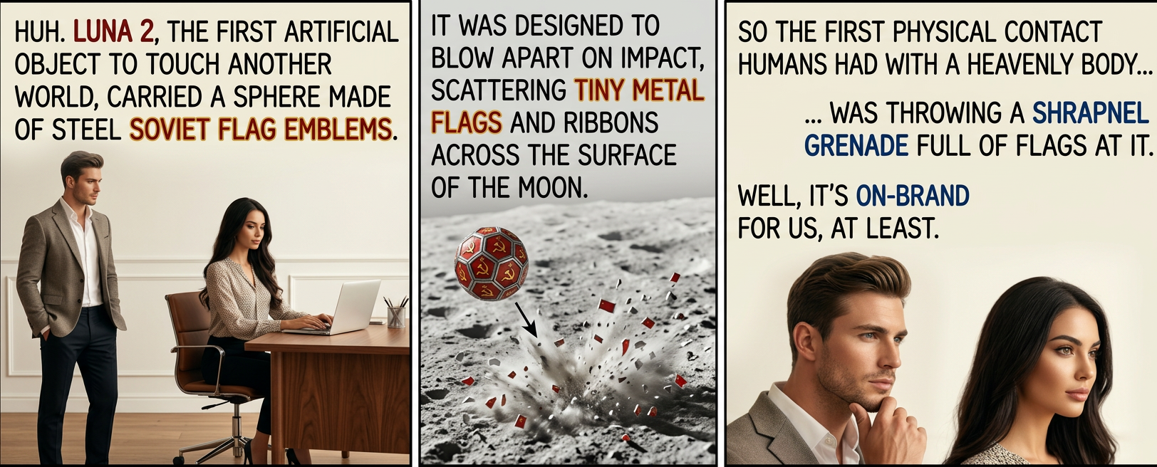 The flags were probably vaporized on impact, because we launched it before we had finished figuring out how to land. That makes sense from an engineering standpoint, but also feels like a metaphor.