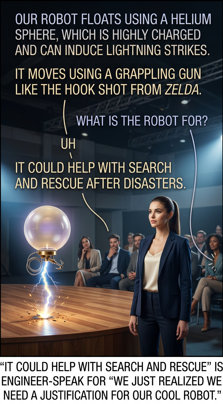 "Some worry that we'll soon have a surplus of search and rescue robots, compared to the number of actual people in situations requiring search and rescue. That's where our other robot project comes in..."