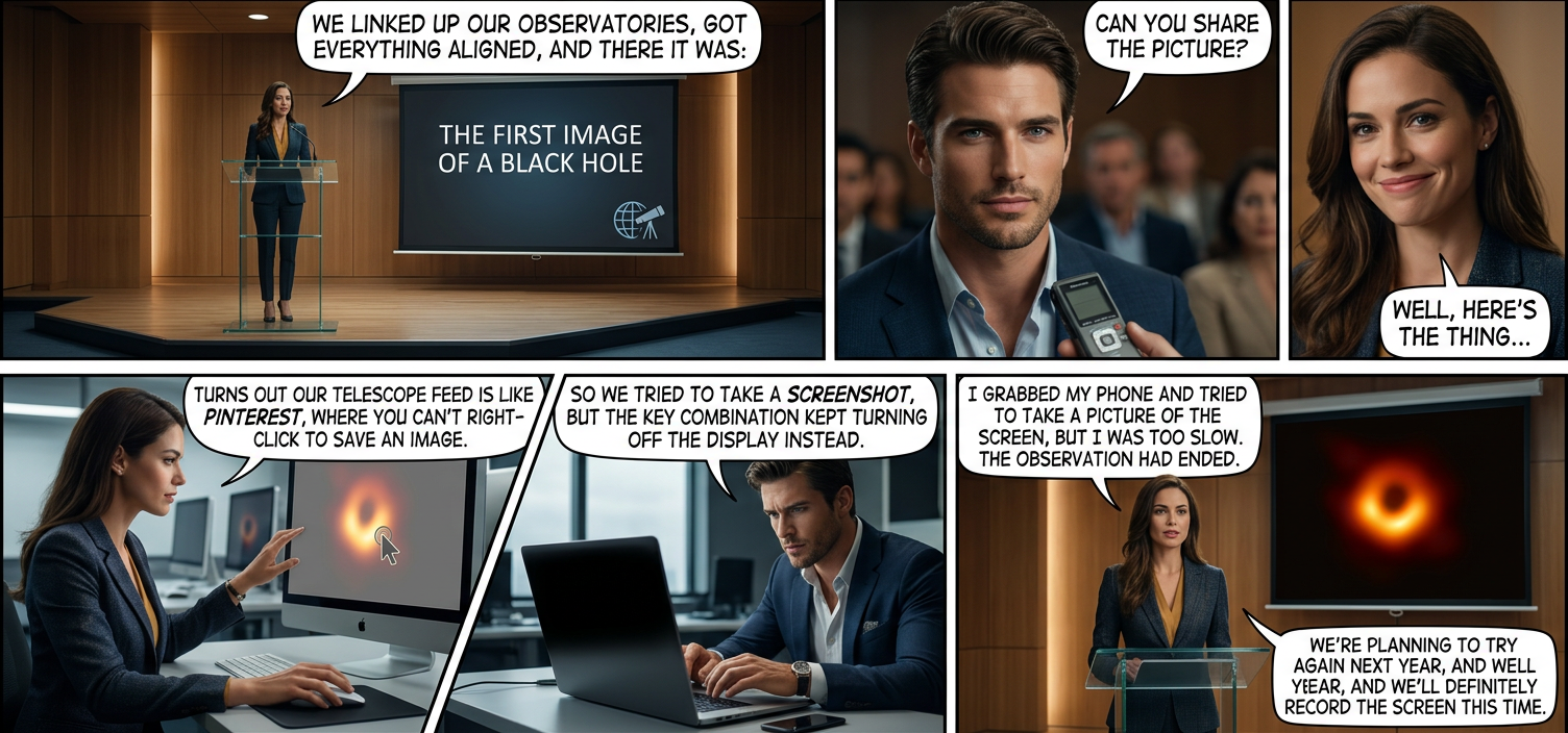 [five years later] Ok, it seems we were accidentally zoomed in slightly too far. But imagine there's a cool-looking twisted accretion disc just outside this black square!