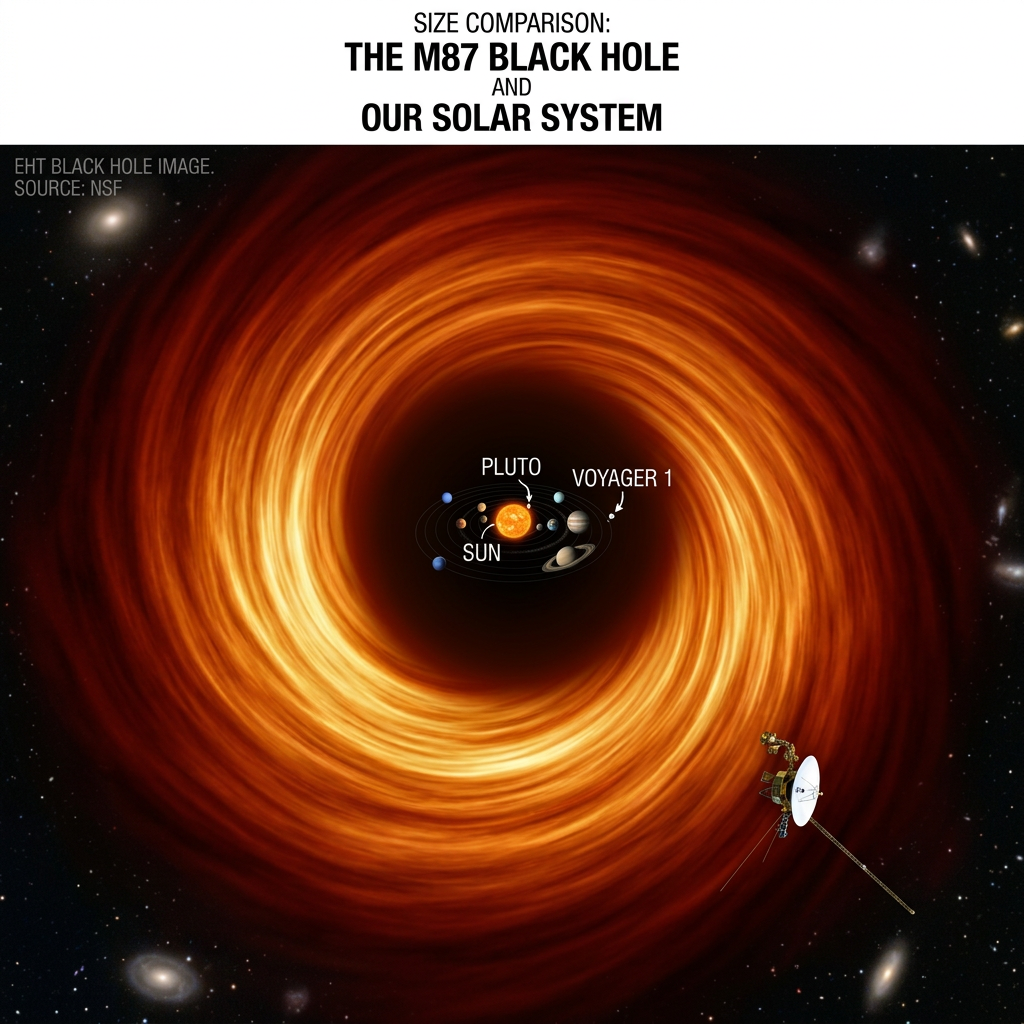 I think Voyager 1 would be just past the event horizon, but slightly less than halfway to the bright ring.