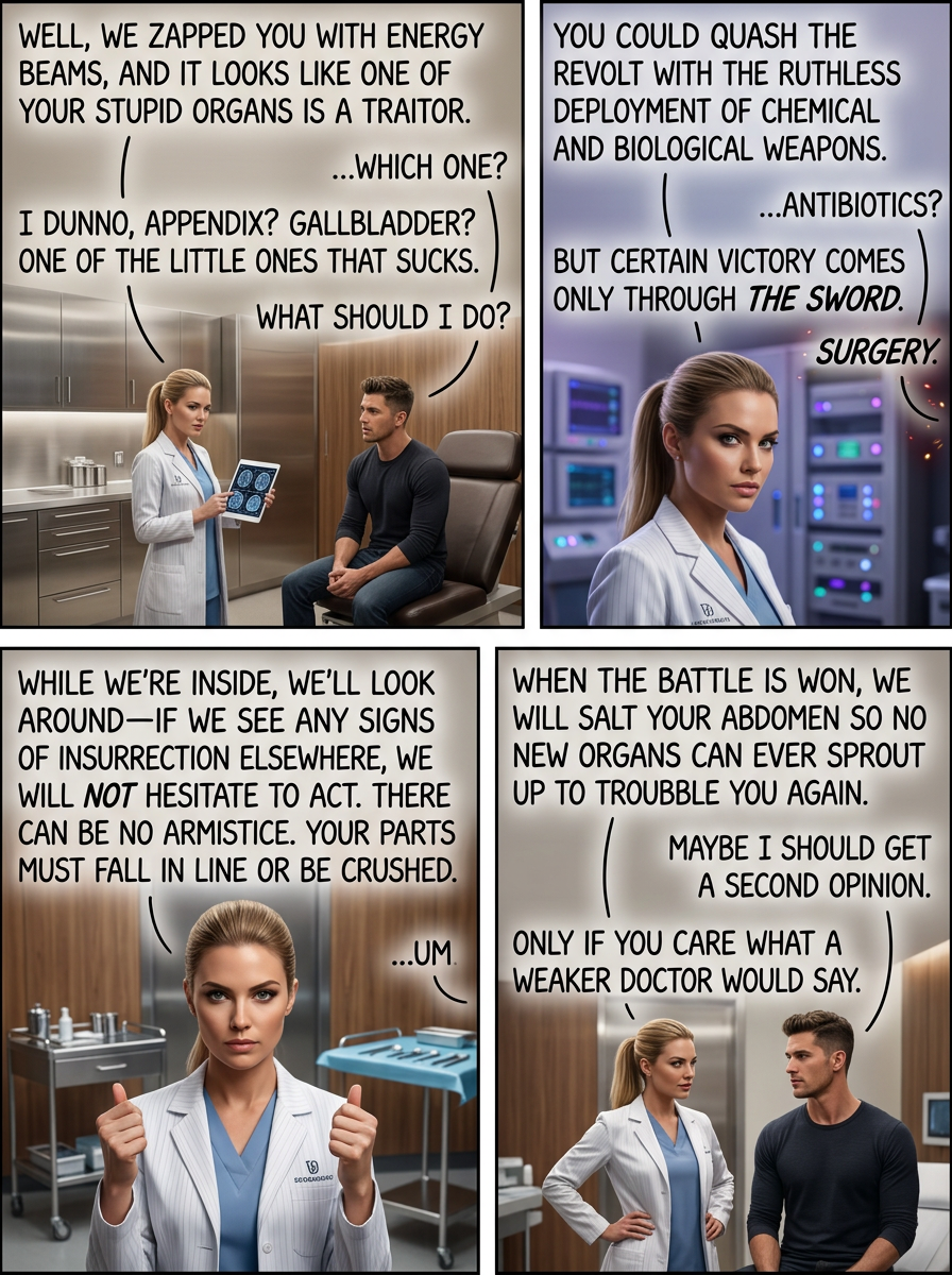 Fortunately, after a brief skirmish, I seem to have gained the upper hand in the battle against my internal organs, at least until they learn to read and find out the mean stuff I've said about them.