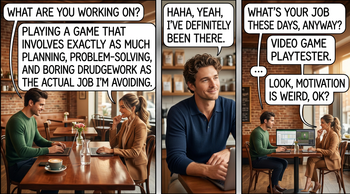 What's even worse is, a month ago they transferred me to work on the game I was already playing, and suddenly I found myself procrastinating by playing the one I'd been assigned before. It's possible they're onto me and this is all part of the plan.