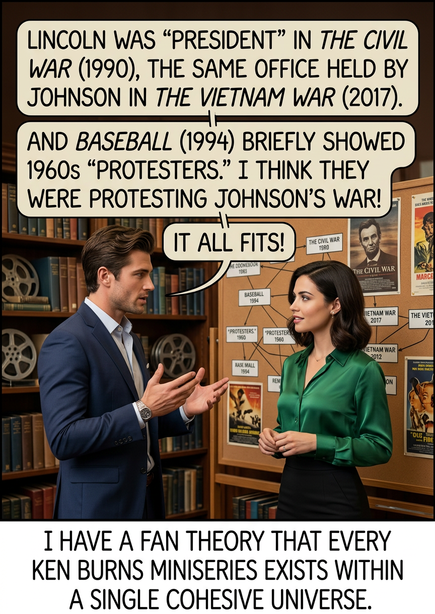 Some of the KBCU ancillary works try a little too hard to tie everything together. Doris Kearns Goodwin, the sports journalist featured in "Baseball," was somehow ALSO a famous historian who wrote bestselling biographies of Lincoln AND Johnson? Unrealistic.