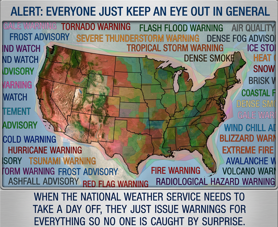 Kind of rude of them to simultaneously issue an EVACUATION - IMMEDIATE alert, a SHELTER IN PLACE alert, and a 911 TELEPHONE OUTAGE alert.