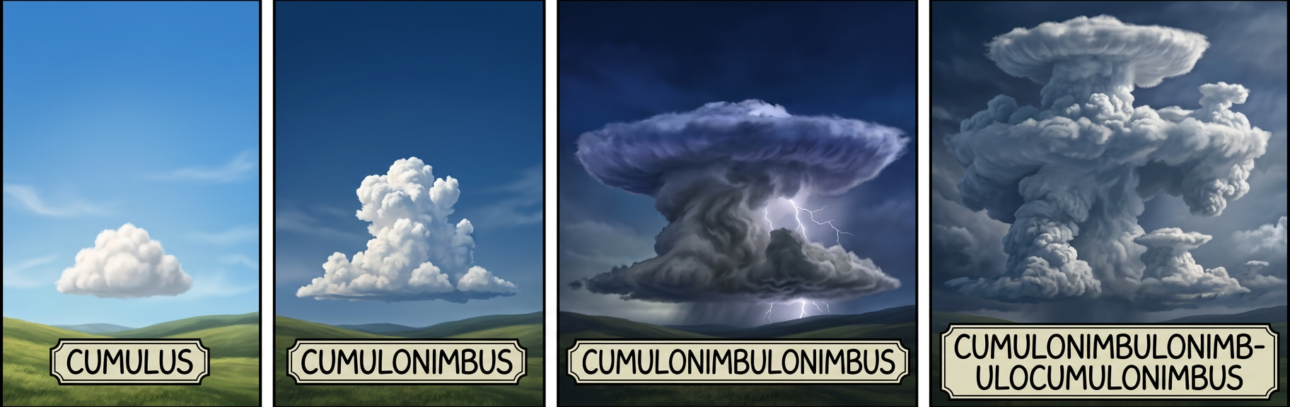 The rarest of all clouds is the altocumulenticulostratonimbulocirruslenticulomammanoctilucent cloud, caused by an interaction between warm moist air, cool dry air, cold slippery air, cursed air, and a cloud of nanobots.