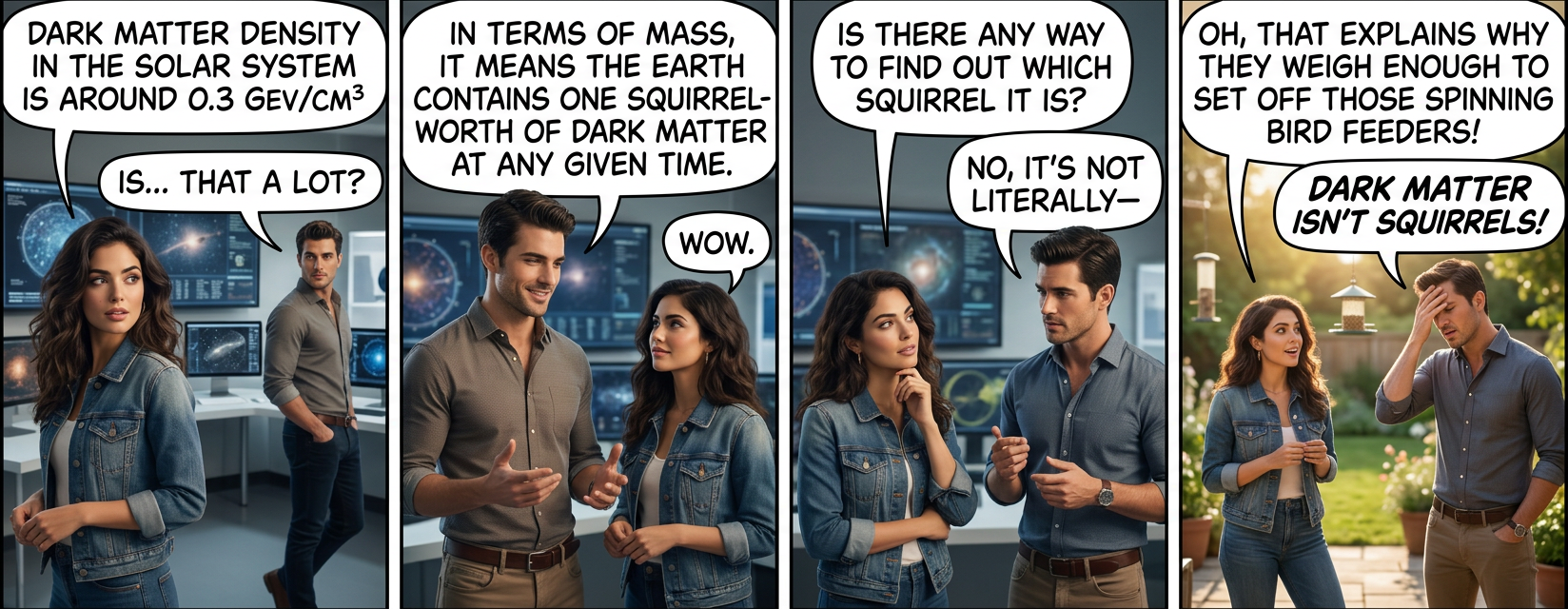 To detect dark matter, we just need to build a bird feeder that spins two squirrels around the rim in opposite directions at relativistic speeds and collides them together.