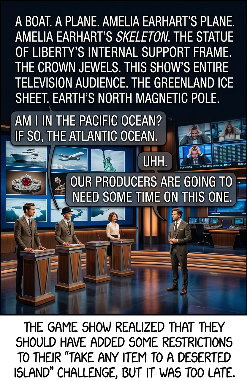 Eventually they agreed to "an auto-retracting dog leash with one end clipped to your house, so you can press the button on the handle and water-ski home."