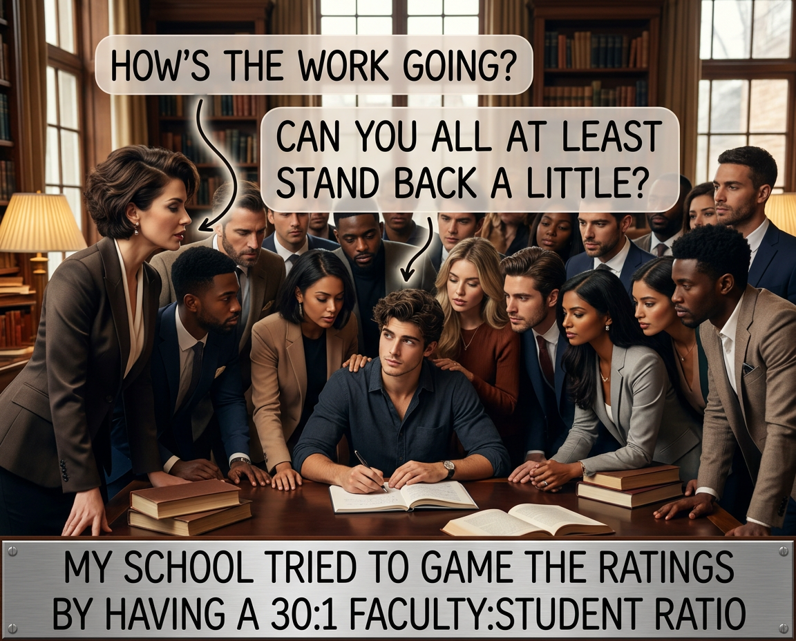 They managed to briefly hit the top of the rankings when they rejected everyone except one applicant, published 5 billion research papers that just said "Hi," and hired one of their graduates for $50 trillion/year (then fired them after 10 microseconds.)