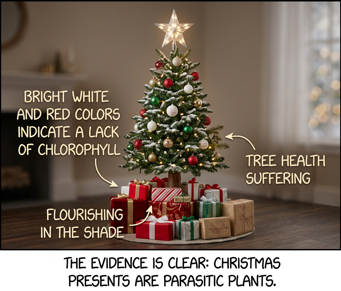 "The parasitism might be mediated by a fungus!" exclaimed the biologist who was trying to ruin Christmas again.