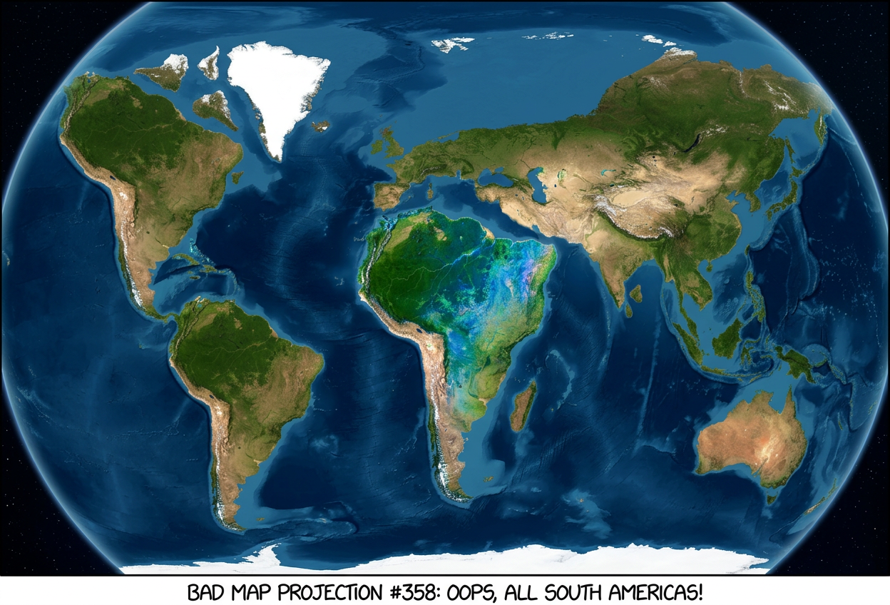 The projection does a good job preserving both distance and azimuth, at the cost of really exaggerating how many South Americas there are.