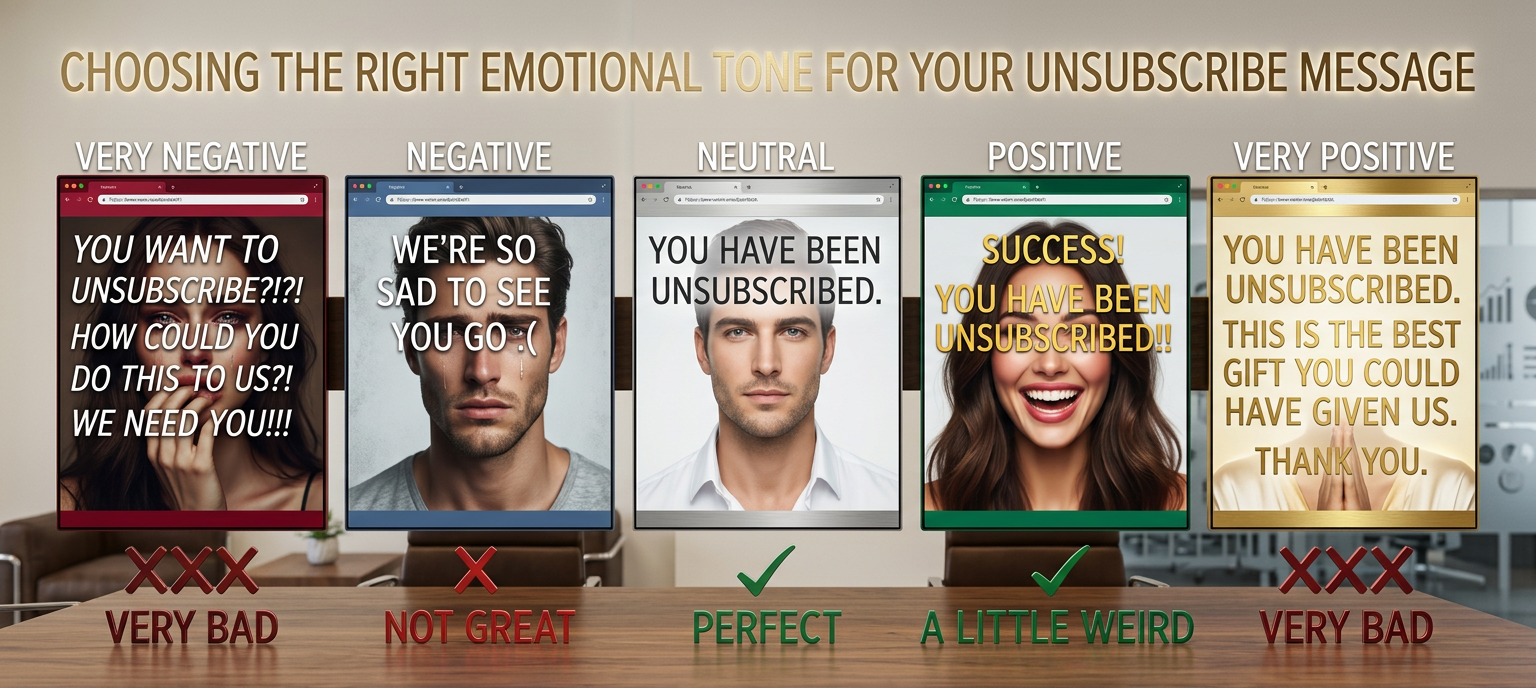 A mix of the two is even worse: 'Thanks for unsubscribing and helping us pare this list down to reliable supporters.'