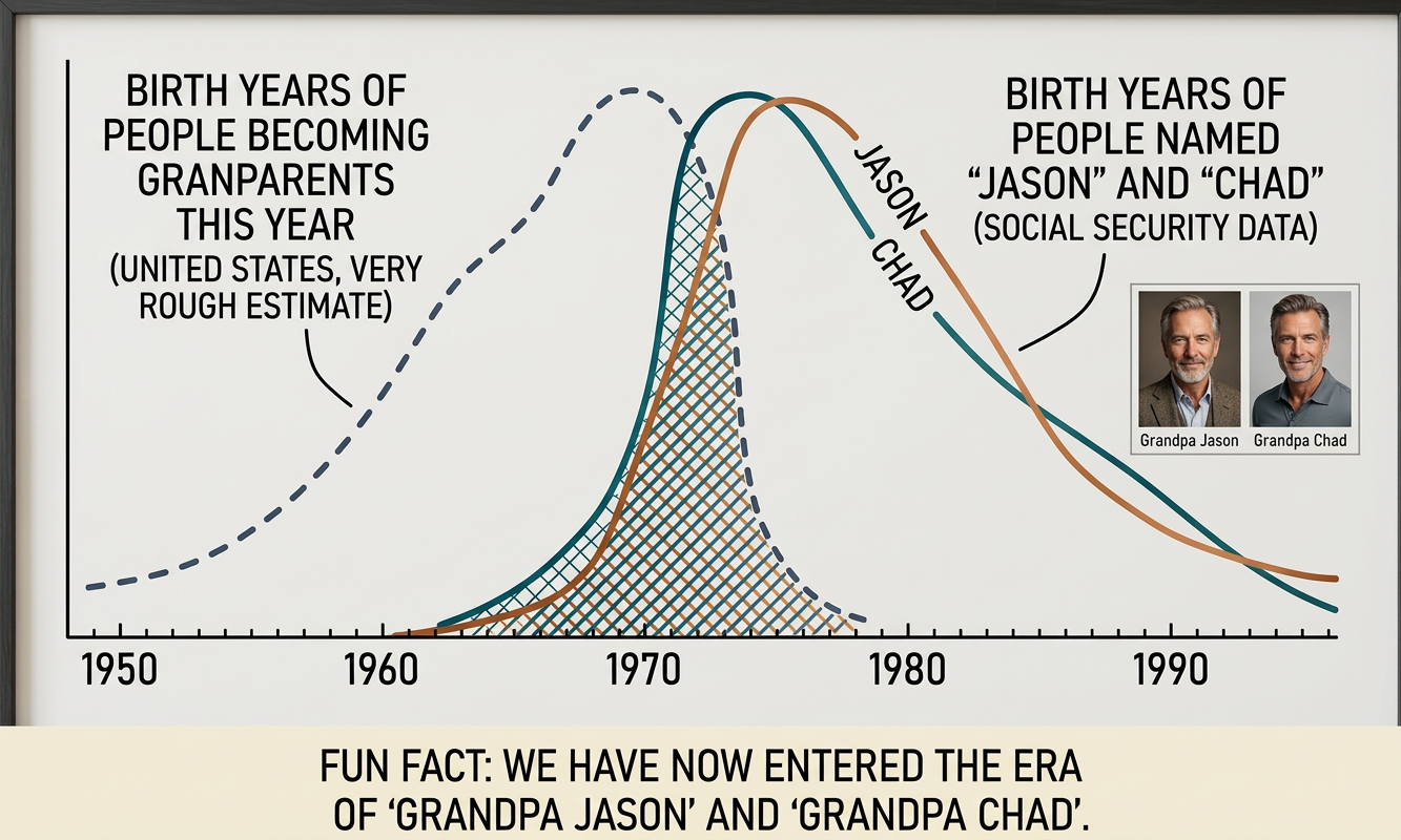 The AARP puts the average age of a first-time grandparent close to 50, and the CDC has some data. But I don't have first-parent age distributions for specific names, or generational first-child age correlations, so the dotted line is just a guess. Still, let's be honest: No further research is really *needed.*