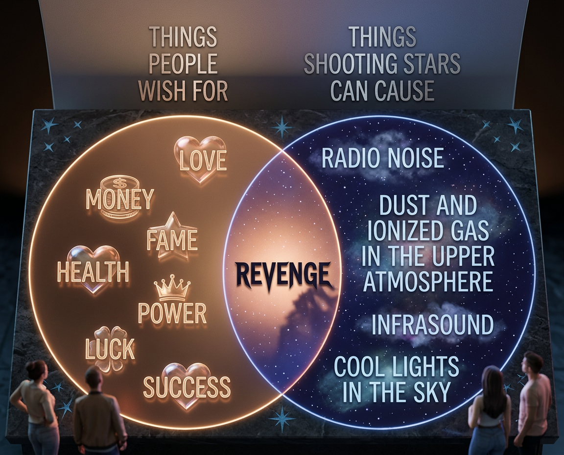 Congratulations to whoever wished for revenge on a forest near the Tunguska River, a 1980 Chevy Malibu in Peekskill NY, Alabama resident Ann Hodges, every building in Chelyabinsk with glass windows, and the non-avian dinosaurs.