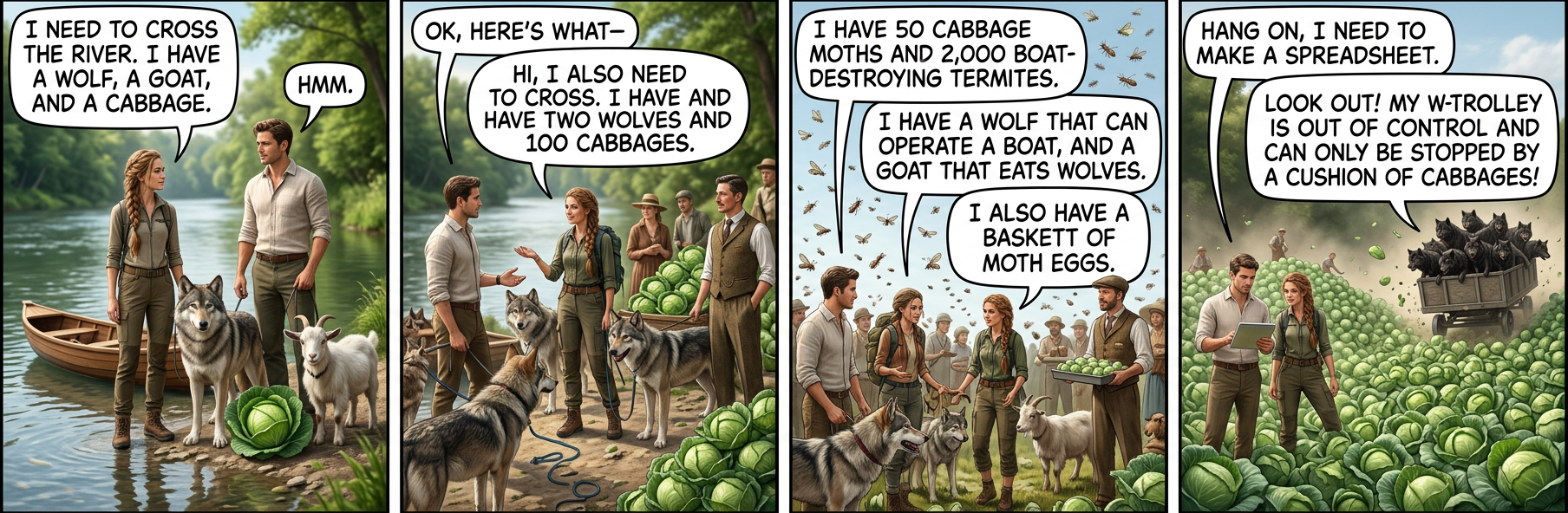 'No, my cabbage moths have already started laying eggs in them! Send the trolley into the river!' 'No, the sailing wolf will steal the boat to rescue them!'