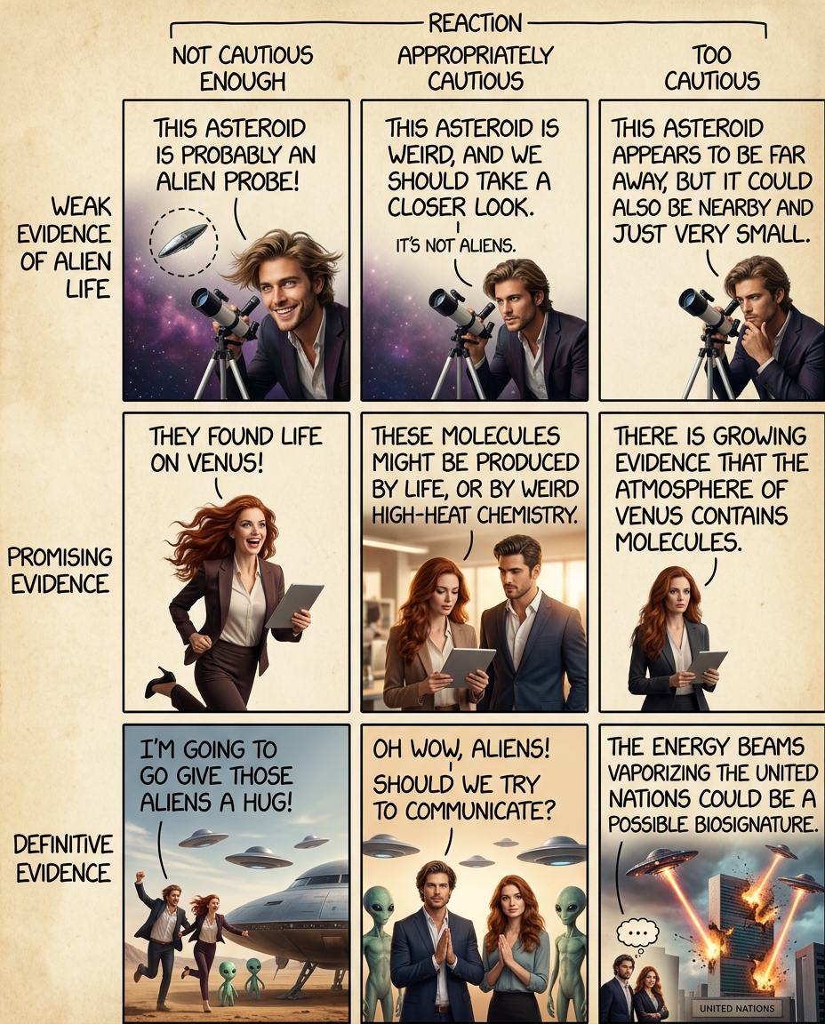 Both too cautious AND not cautious enough: "I'm skeptical that those are aliens, so I'm going to try pulling off their masks."