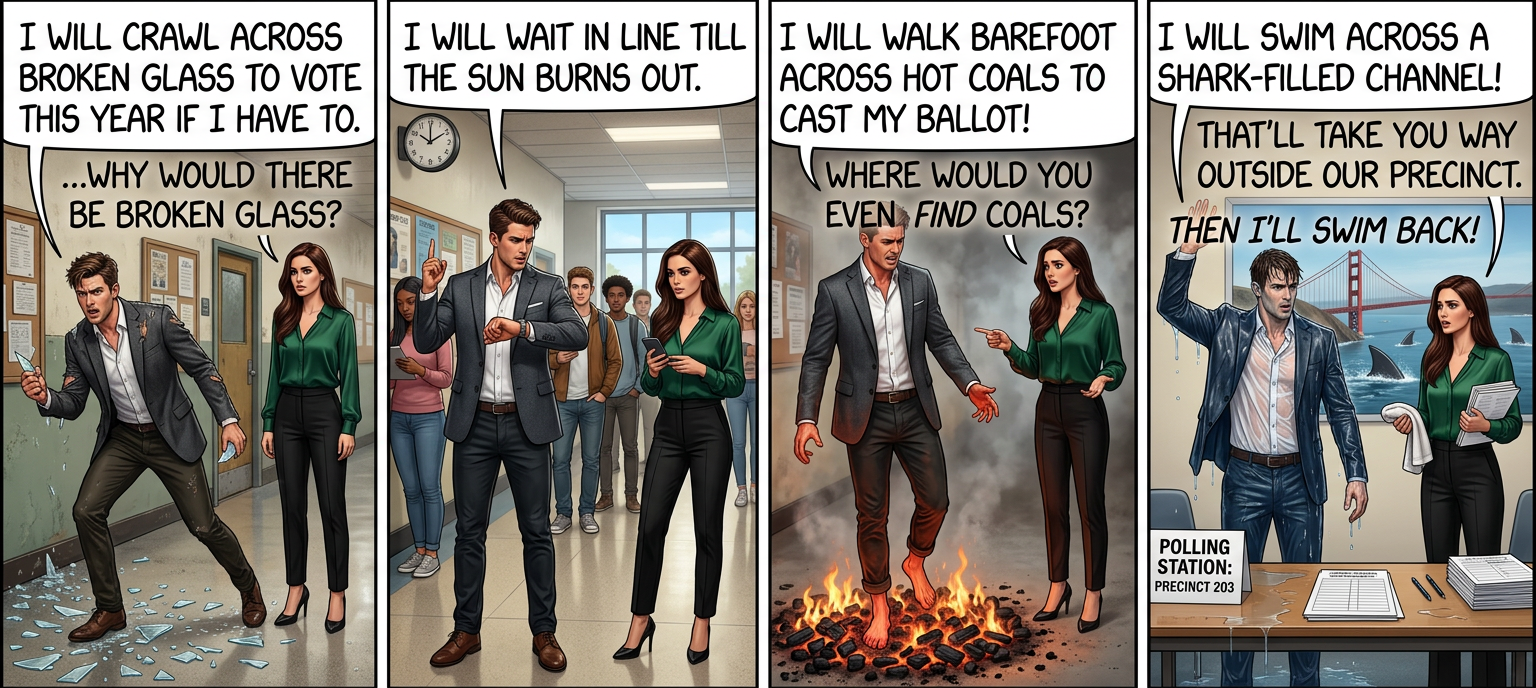 'Wait, our state has mail voting. The forms are literally on the kitchen table.' 'Not now, I'm busy researching which channels have sharks in them.'