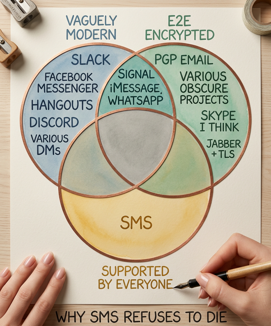 SMS is just the worst, but I'm having trouble convincing people to adopt my preferred system, TLS IRC with a local server and a patched DOSBox gateway running in my mobile browser.