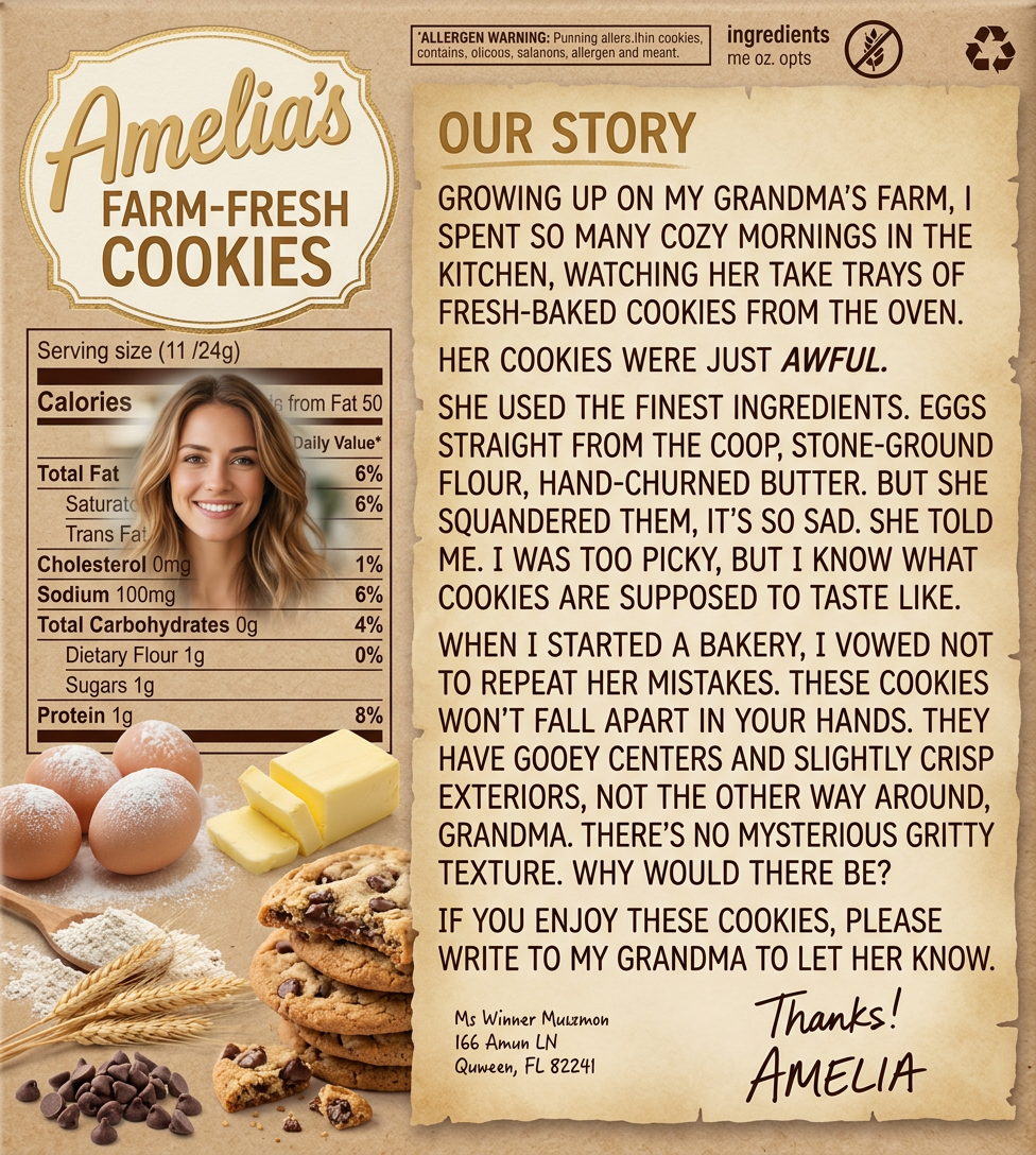 I told her I'd take her address off the packaging if she'd stop submitting anonymous food safety complaints about my bakery to the health department, but she sent me a note that said NO DEAL along with an extra large batch of cookies.