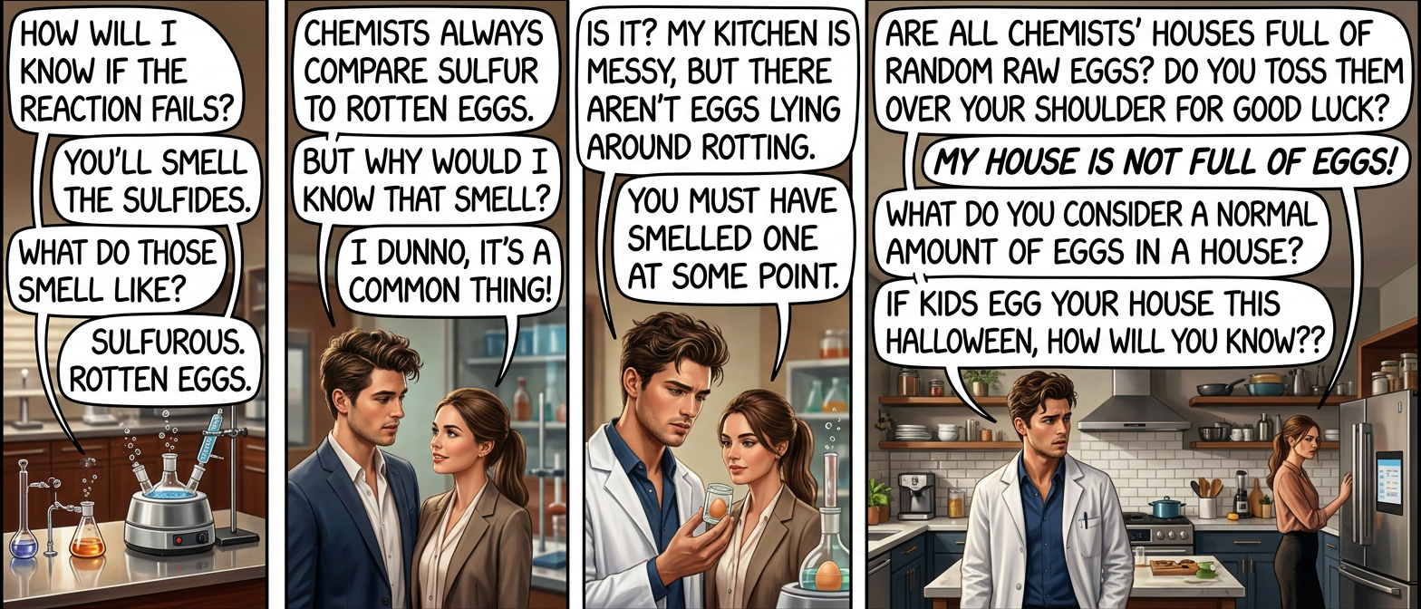 Chemists actually find it simpler to define a general odor of rotten eggs as a baseline, and the LACK of rotten eggs as a distinct smell.