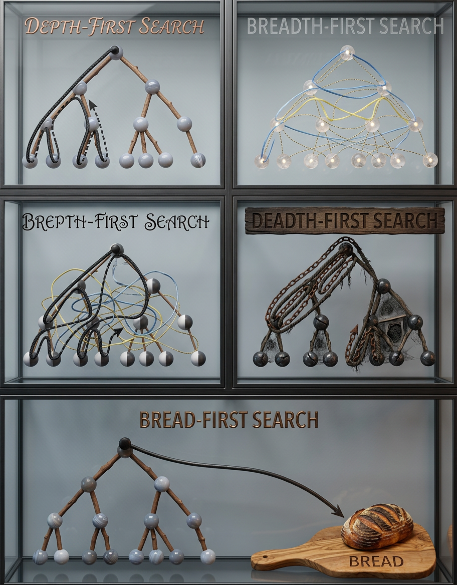 A death-first search is when you lose your keys and travel to the depths of hell to find them, and then if they're not there you start checking your coat pockets.