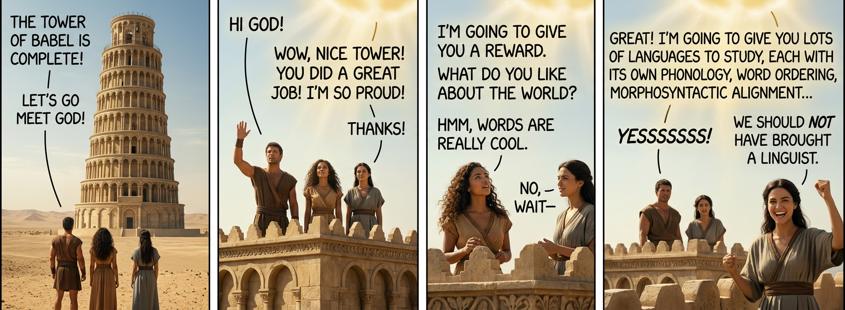 Soon, linguists will be wandering around everywhere, saying things like "colorless green ideas sleep furiously" and "more people have been to Russia than I have," and speech will become unintelligible.