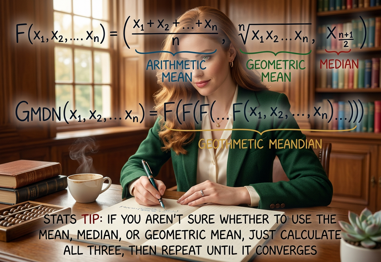 Pythagorean means are nice and all, but throwing the median in the pot is really what turns this into random forest statistics: applying every function you can think of, and then gradually dropping the ones that make the result worse.