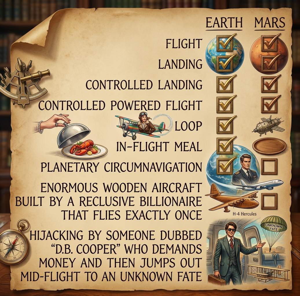 Mile High Club membership [✓] [ ] Discovery of parts of Amelia Earhart's skeleton [ ] [ ] Mid-flight incident that results in safe landing on the Hudson River [✓] [ ]