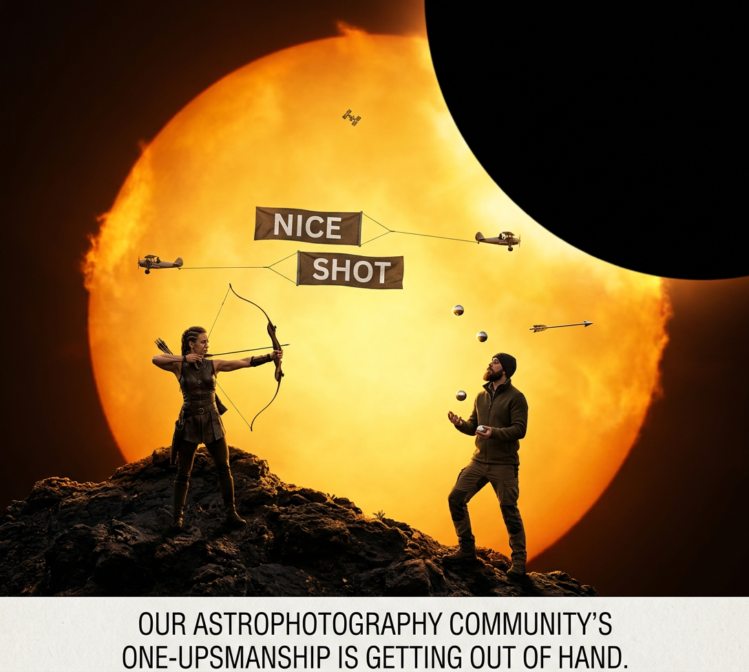 [One hill over, a competing astrophotographer does a backflip over a commercial airliner while throwing a tray of plastic space stations into the air, through which a falcon swoops to 'grab' the real one.]