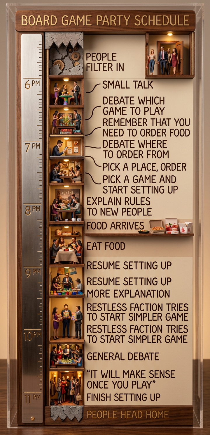 Several of the guests are secretly playing Meta Board Game Party. Every minute of parallel debate in the breakaway faction earns double victory points!