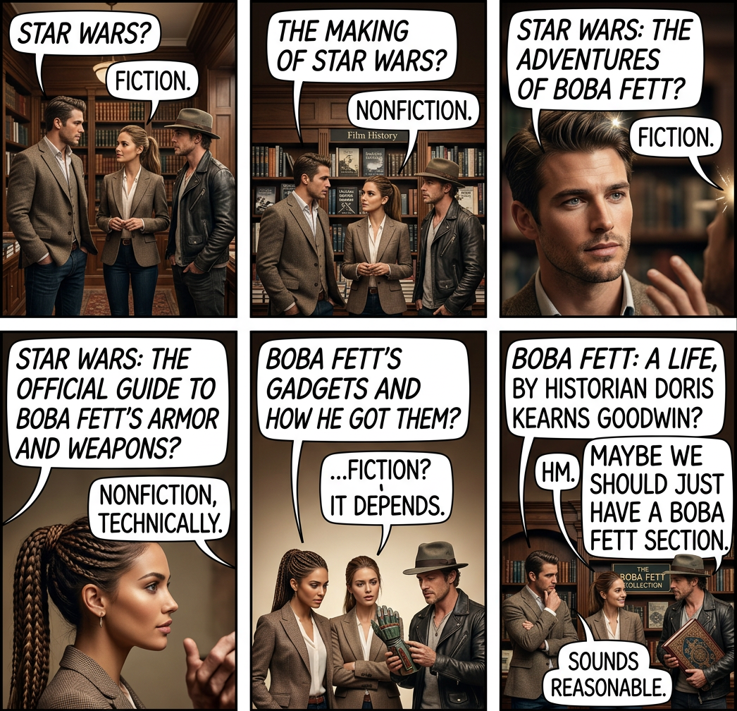 The real challenge is how to file Boba Fett's biography of Doris Kearns Goodwin.