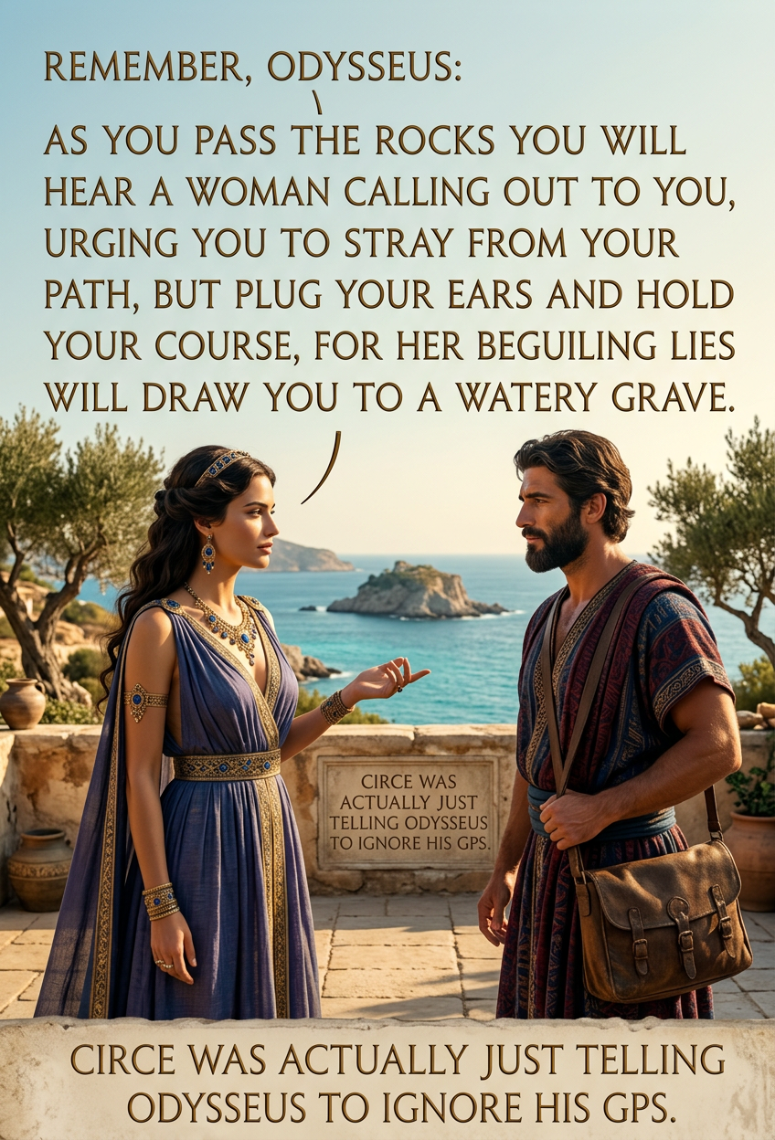 Directions from CITY OF TROY to ITHACA / Total time: 10y 54d 14h 25m / Warning: Route crosses an international border / route includes capture by the goddess Calypso / route includes a ferry