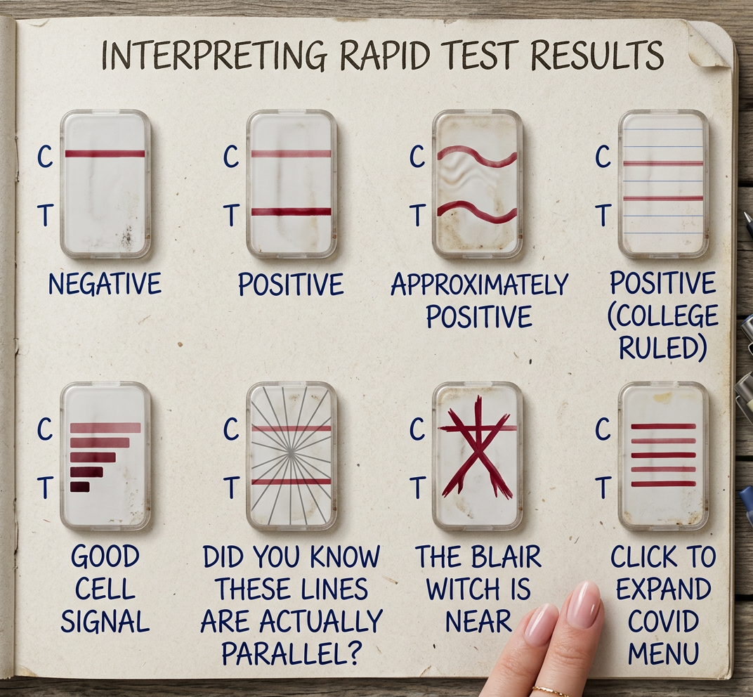 A solid red area with two white lines means that you have been infected with the anti-coronavirus, COVID+19, which will cure anyone you have close contact with.