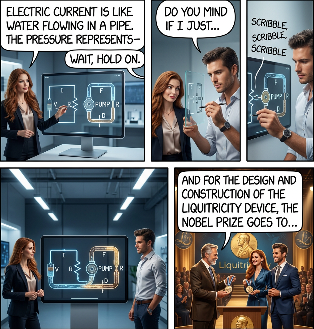 Current (water) running through the water (wires) causes it to boil, increasing the pressure (voltage), but resisting (impeding) the flow of hydroelectricity (water currents). This is the basis for Ohm's law.