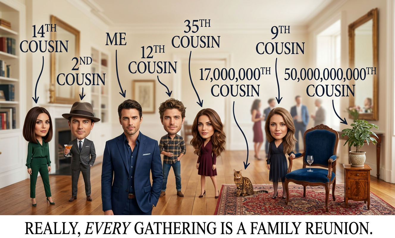 Grandma says that because of differences in primate and feline lifespans, the cat is actually my 17,000,000th cousin 14,000,000 times removed.