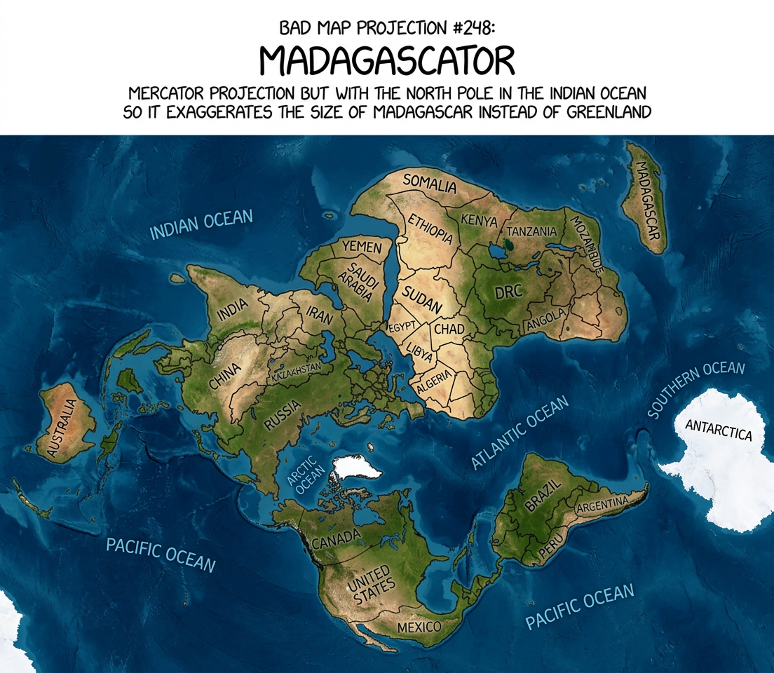 The projection's north pole is in a small lake on the island of Mahé in the Seychelles, which is off the top of the map and larger than the rest of the Earth's land area combined.